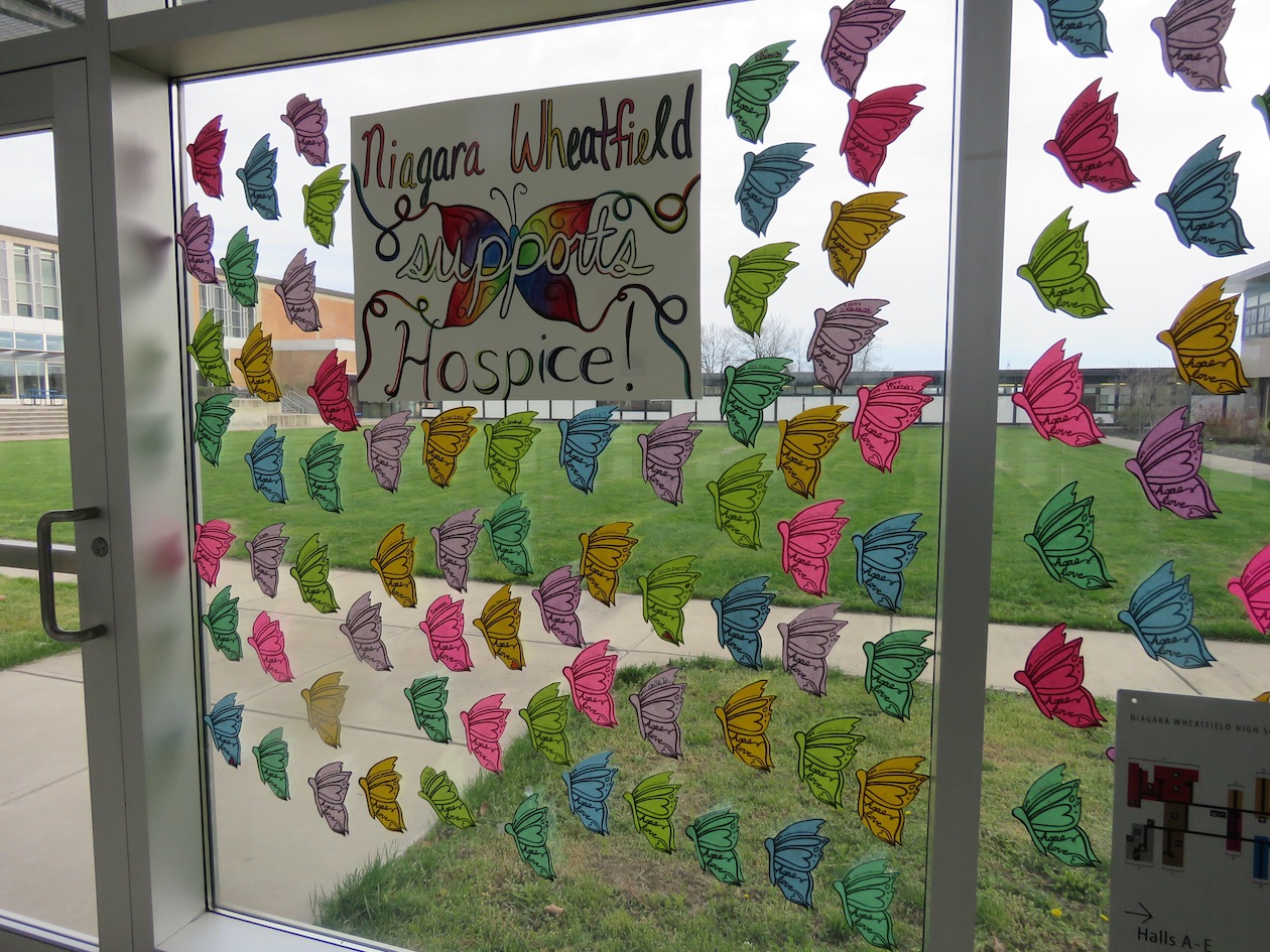 Butterflies surround the front hall of Niagara-Wheatfield. The National Honor Society will sell more to support Niagara Hospice. (Photo by David Yarger)